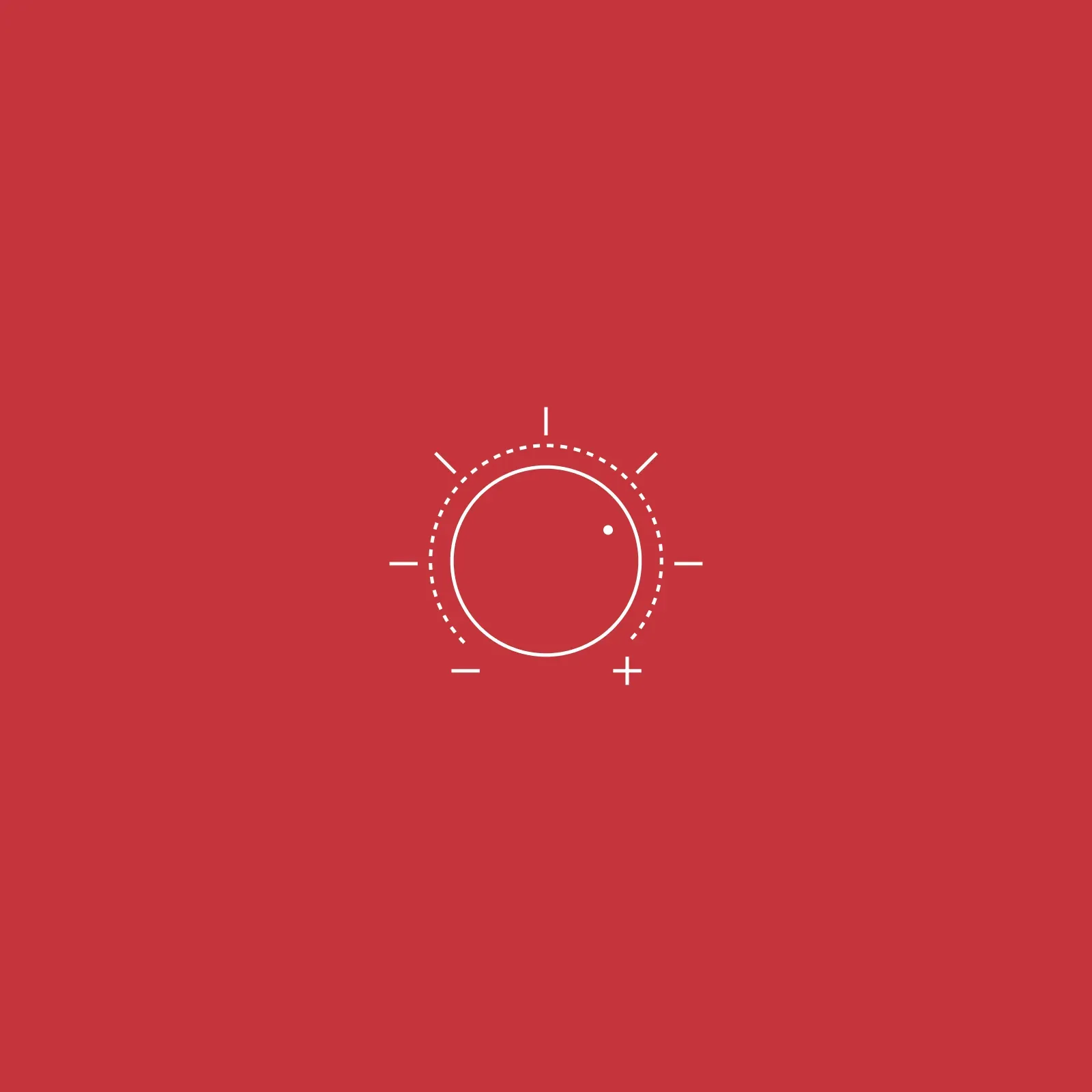 Line icon of a volume dial with tick marks and plus and minus signs, representing amplification and control