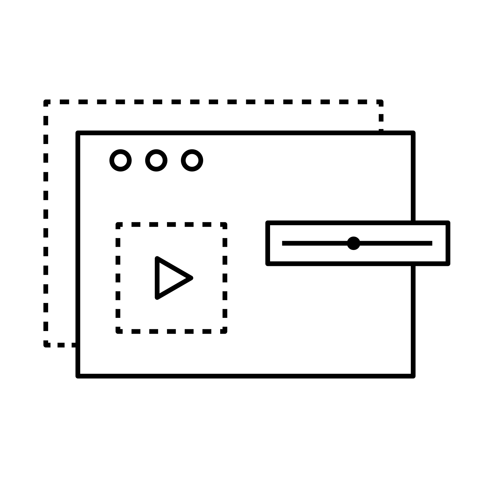 Line icon of a browser window with a play button and slider, representing platform and music delivery services