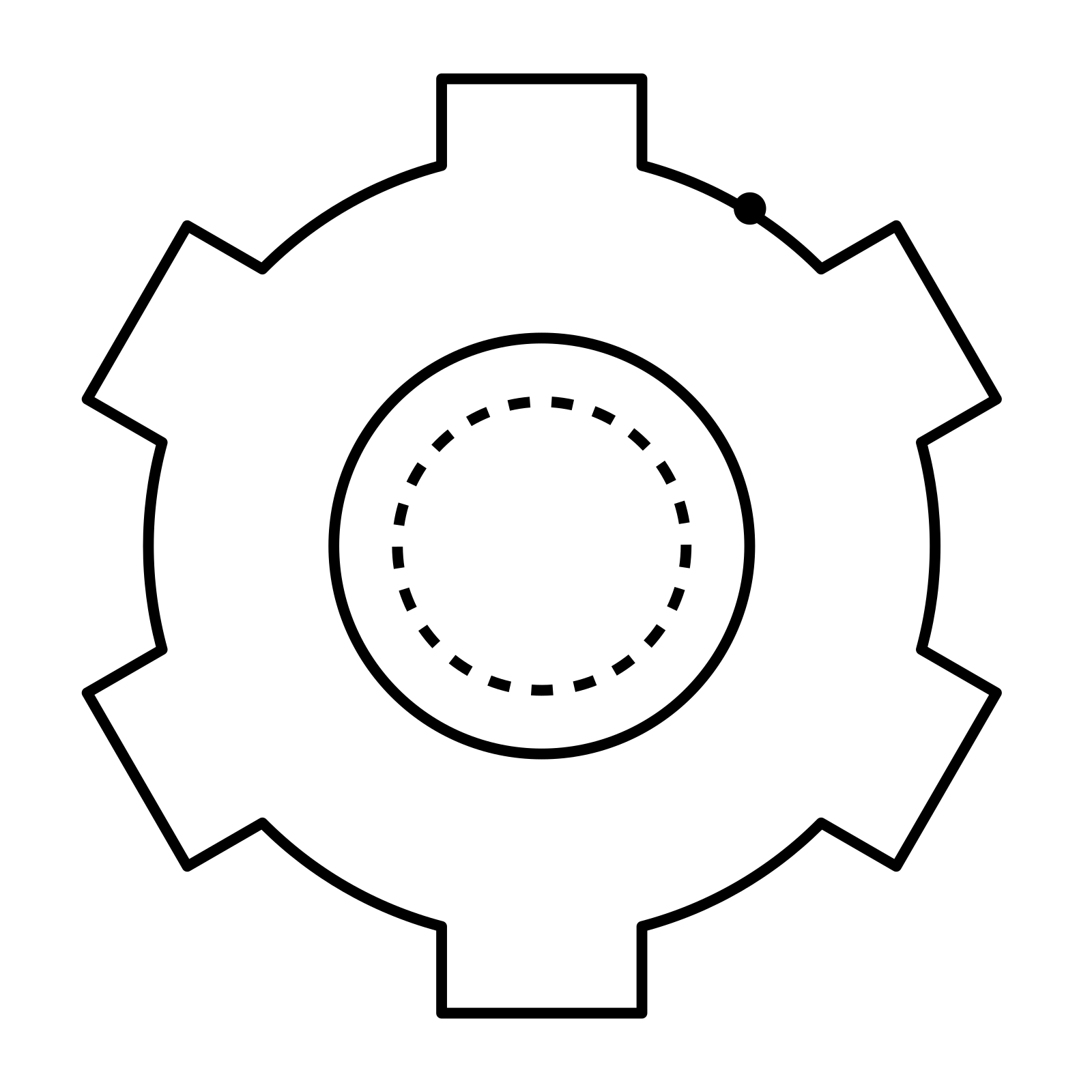 Line icon of a cog wheel with a dotted inner ring, representing brand and music compliance management