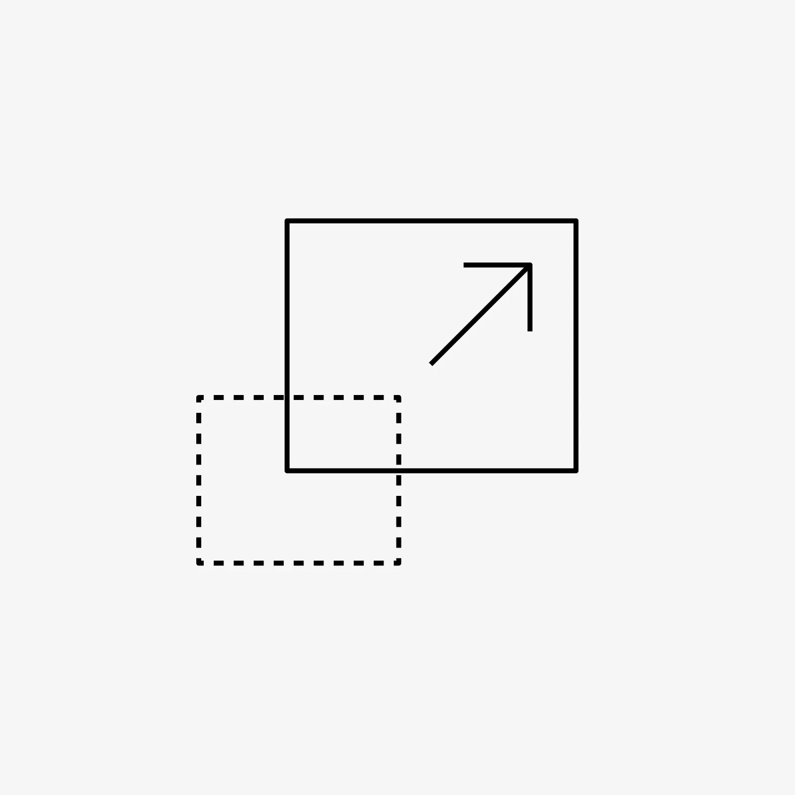 Line icon of a dotted square growing into a larger square with an arrow, representing scale and growth