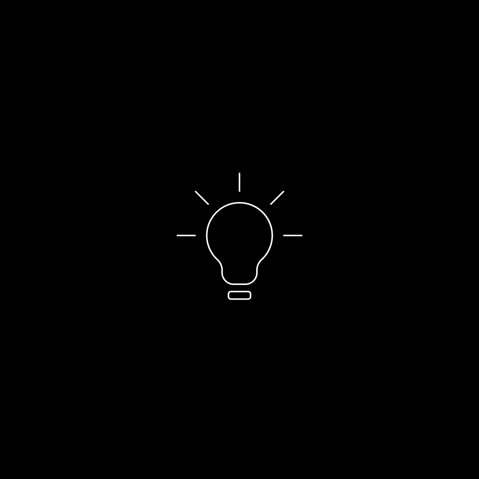 Line icon of a lightbulb with radiating rays, representing ideas and insight