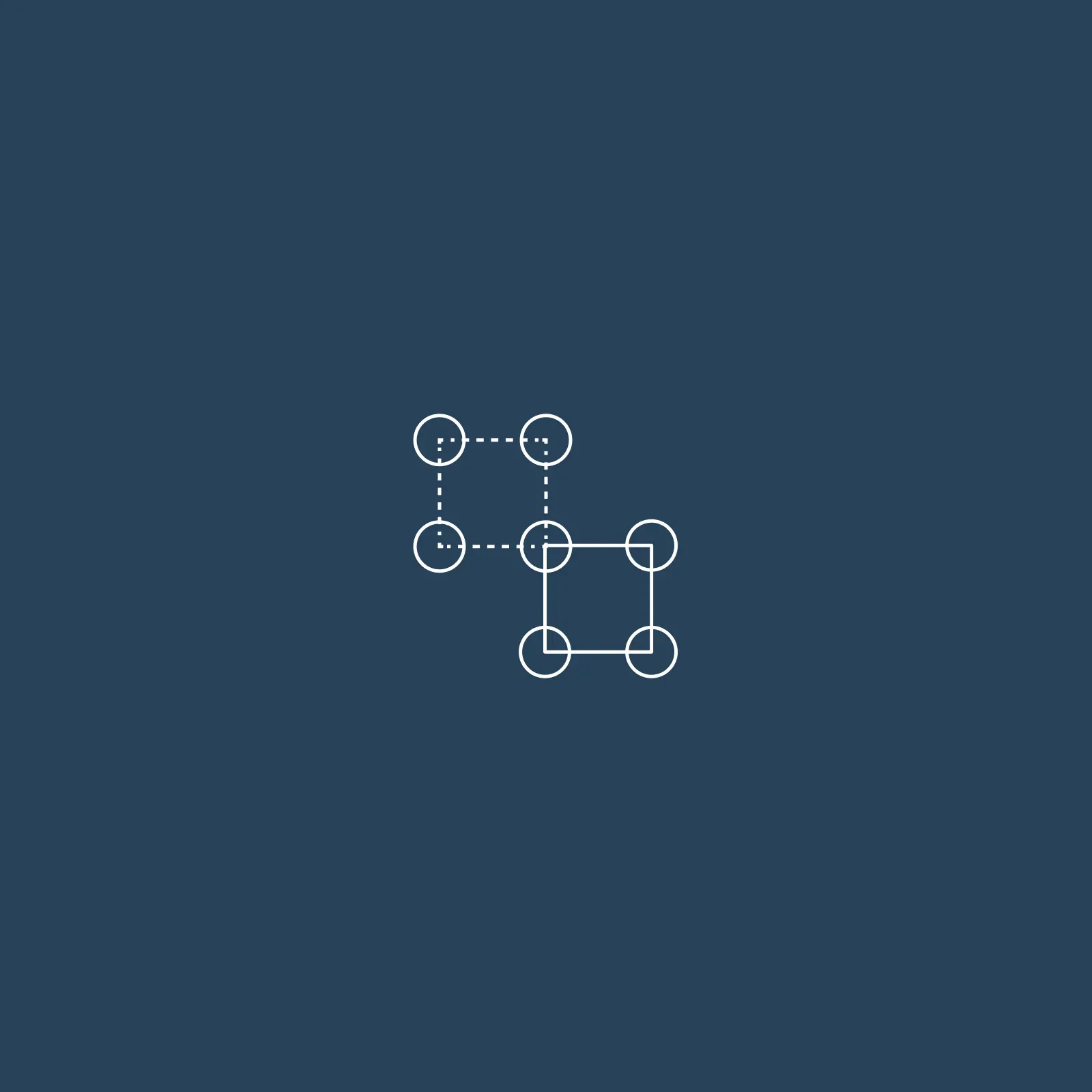 Line icon of two linked squares of nodes, one dotted, representing a connected platform