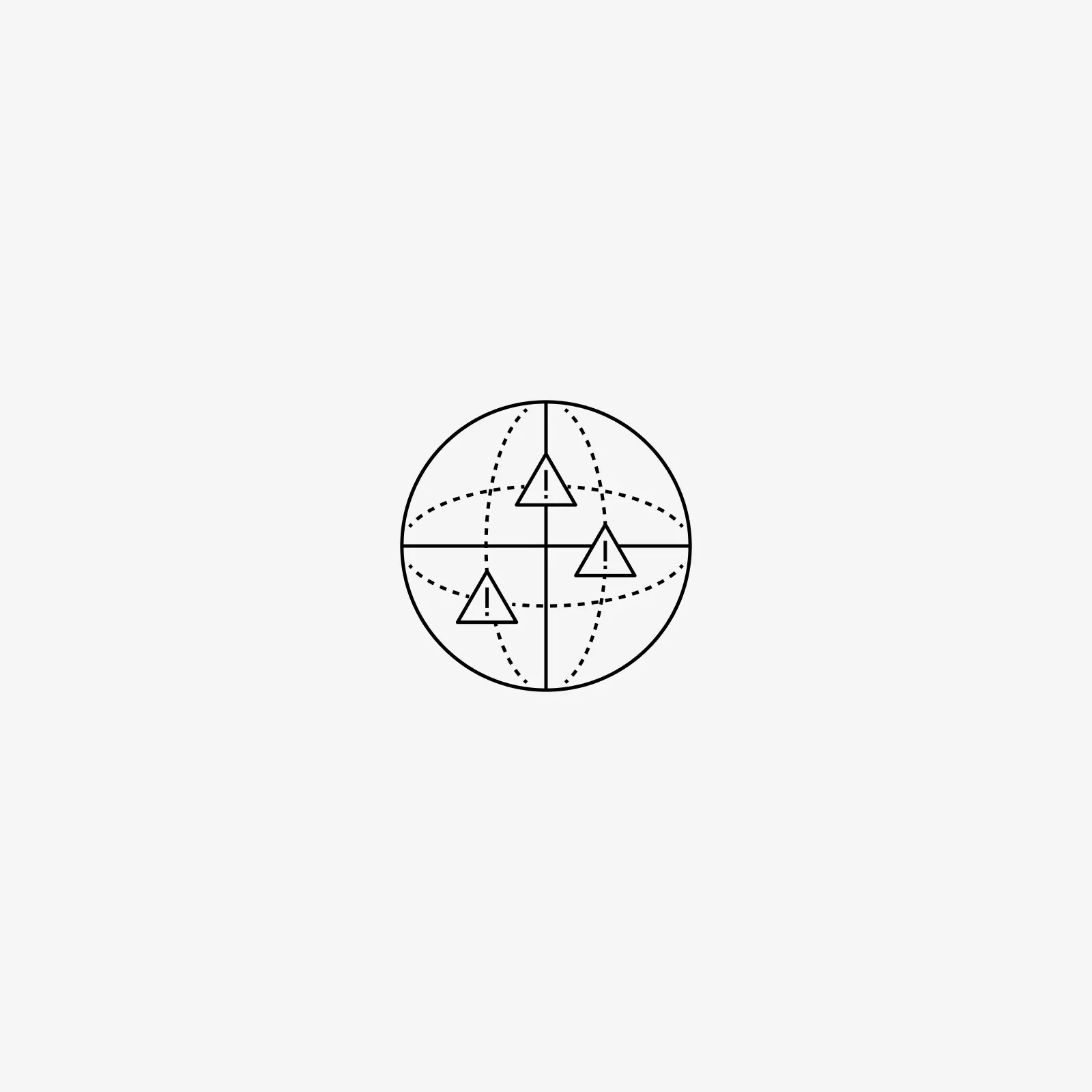 Line icon of a globe with dotted meridians and warning triangles, representing scam alerts reaching artists worldwide