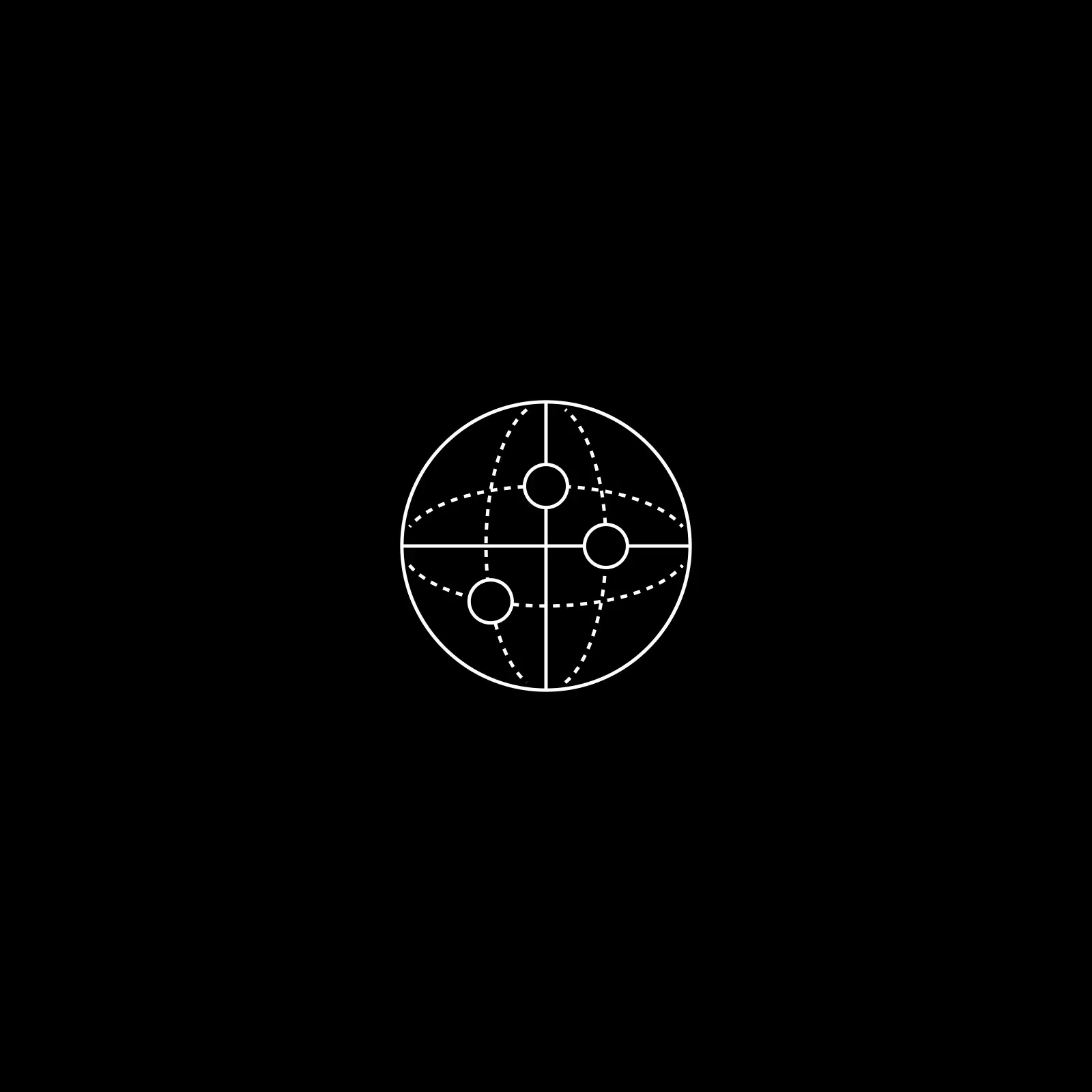 Line icon of a globe with dotted meridians and three nodes, representing global brands