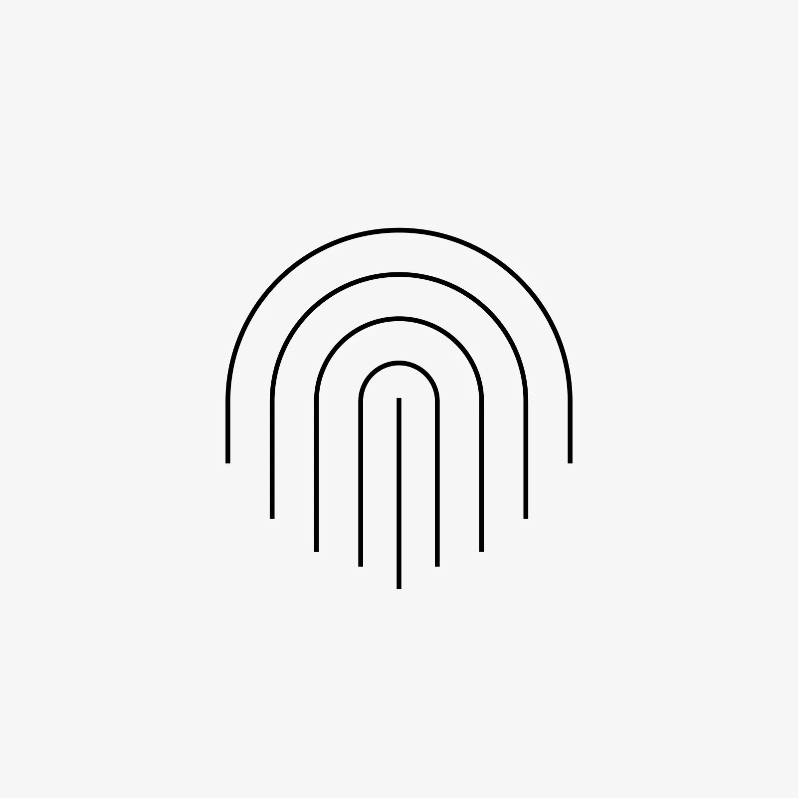 Line icon of a fingerprint made of concentric arches, representing audio fingerprinting and identity
