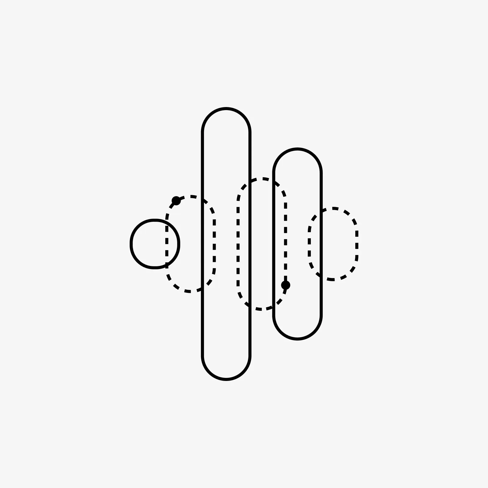 Line icon of rounded vertical bars and dotted circles, representing a sonic logo