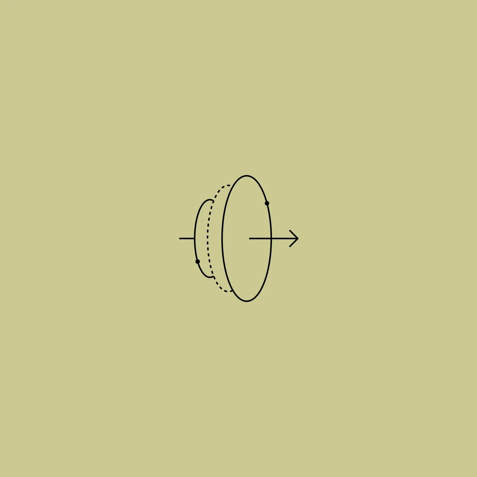Line icon of an arrow passing through a dotted ellipse, representing direction and momentum