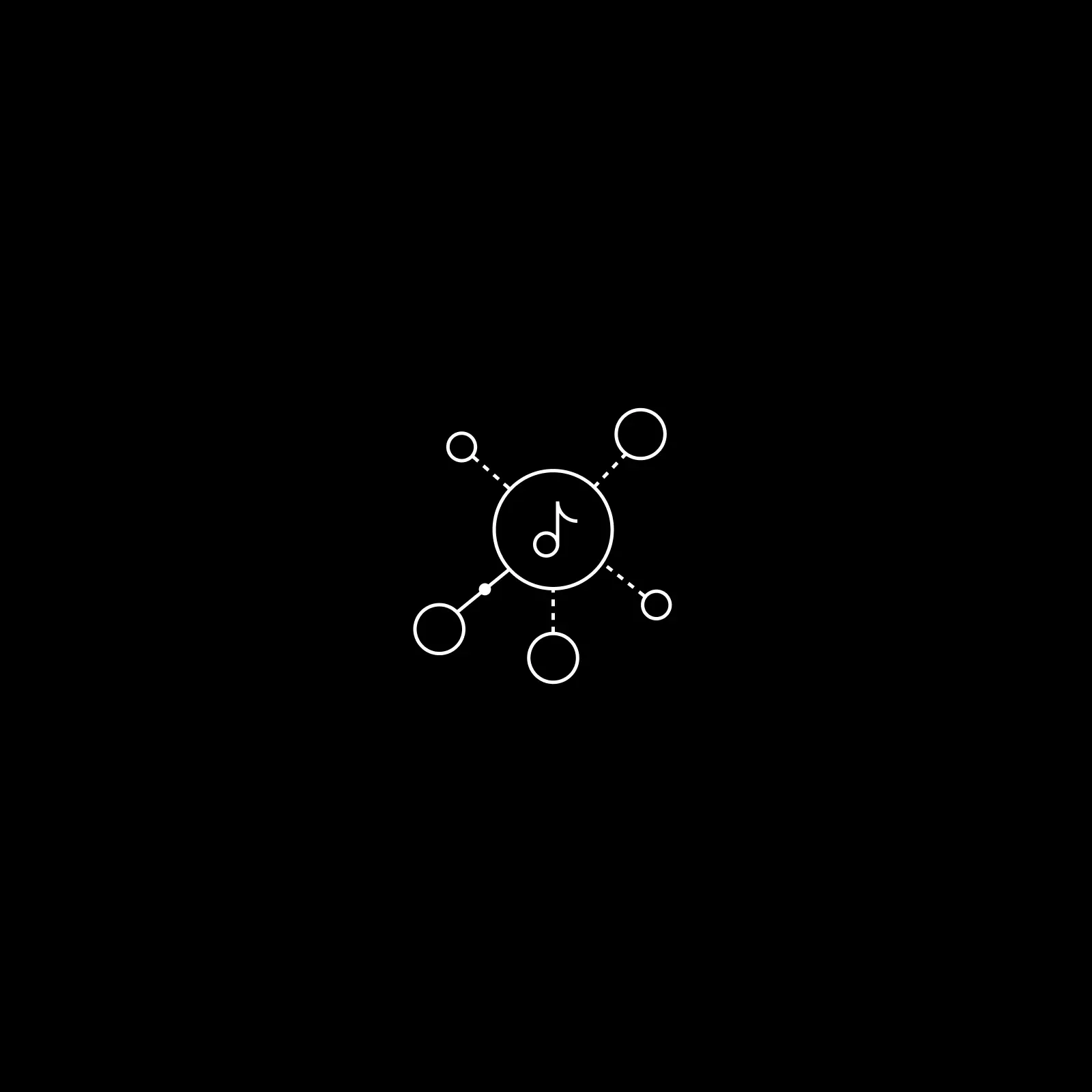 Line icon of a music note in a circle ringed by nodes, representing a connected music network
