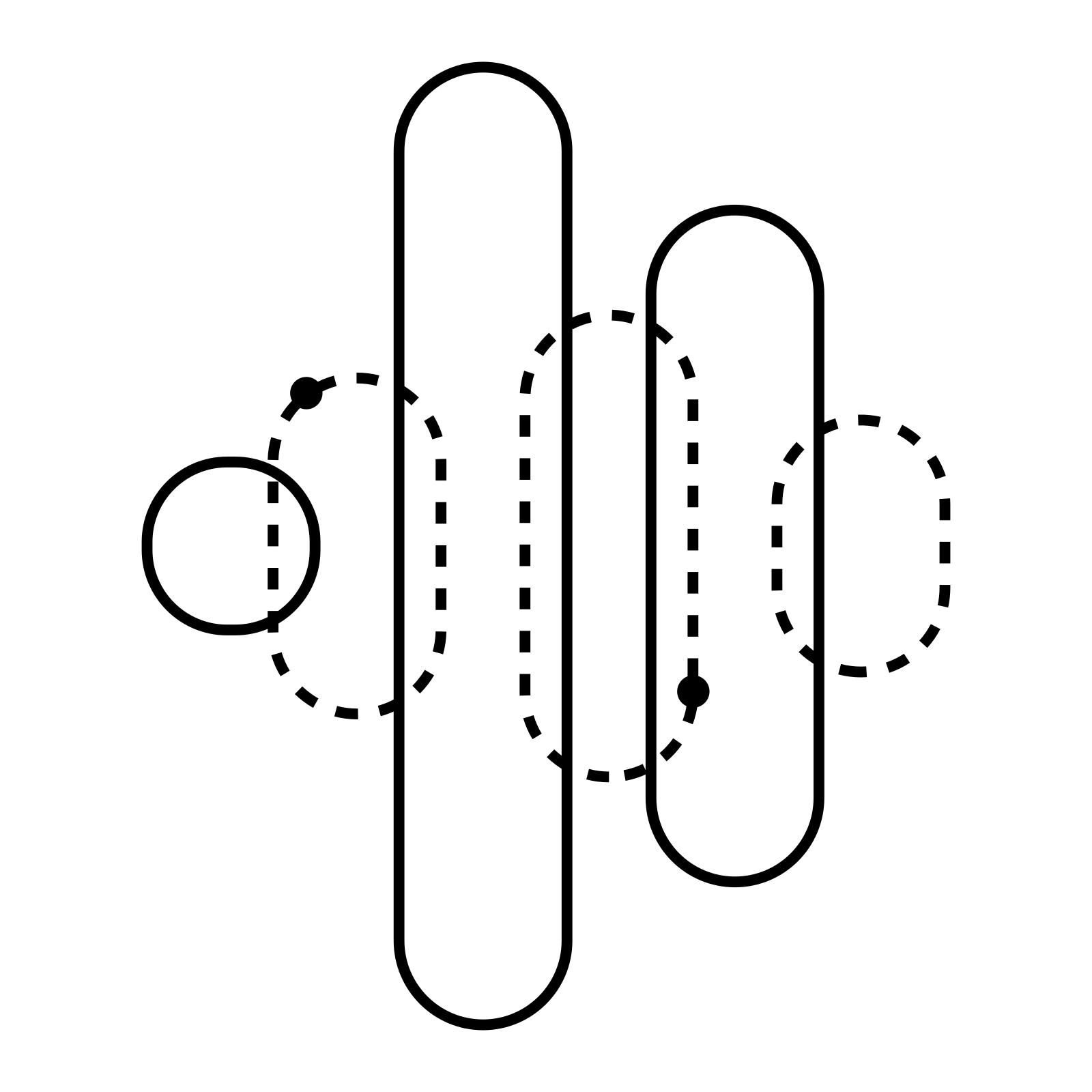 Line icon of upright pill shapes with dashed capsules around them, representing sonic branding and design