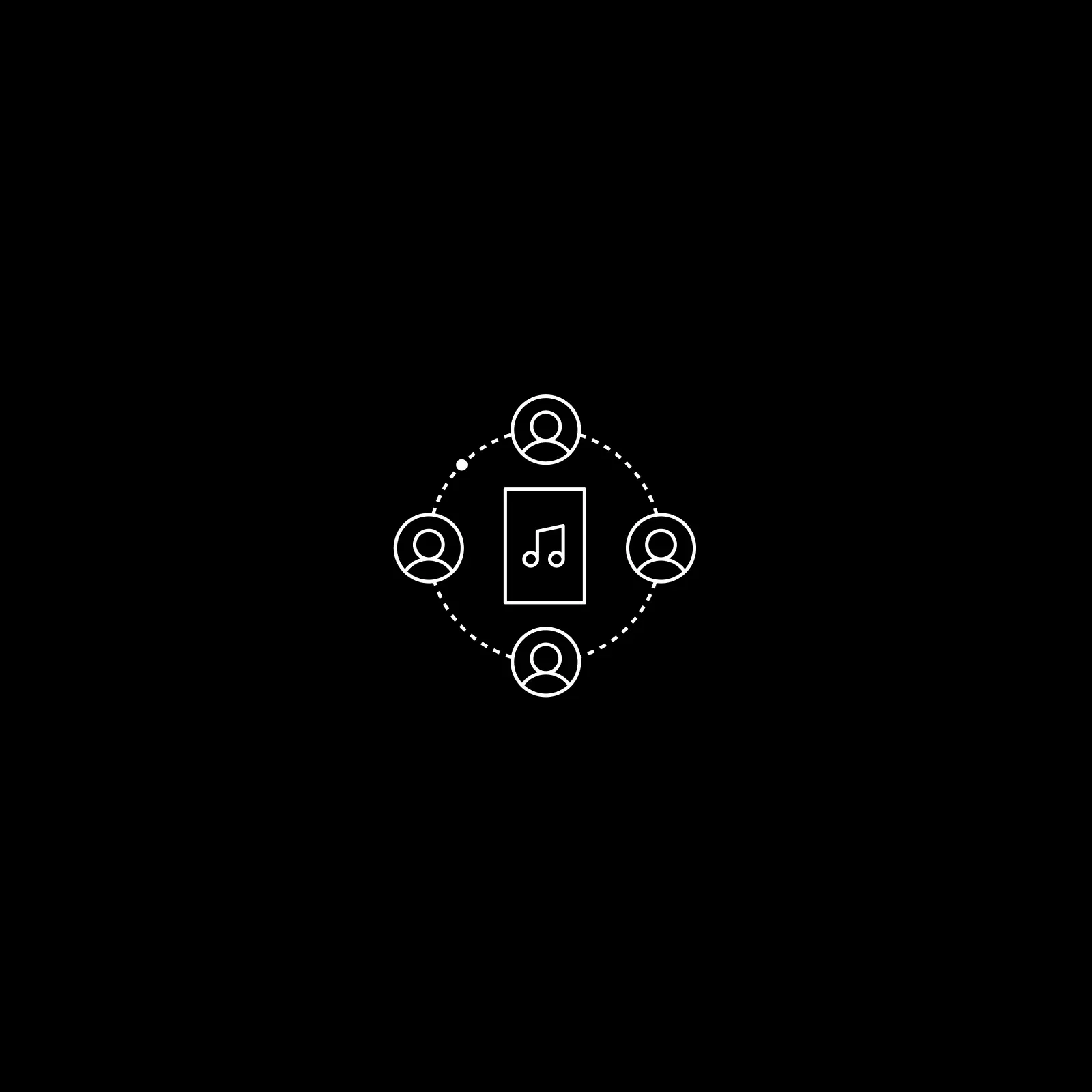 Line icon of people avatars beside a music sheet, representing agreements with artists