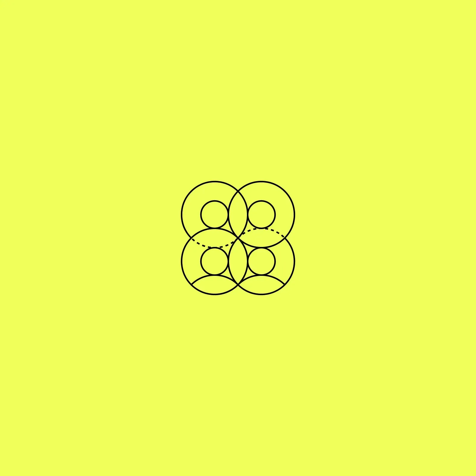 Line icon of four overlapping circles with nested rings, representing collaboration and connection
