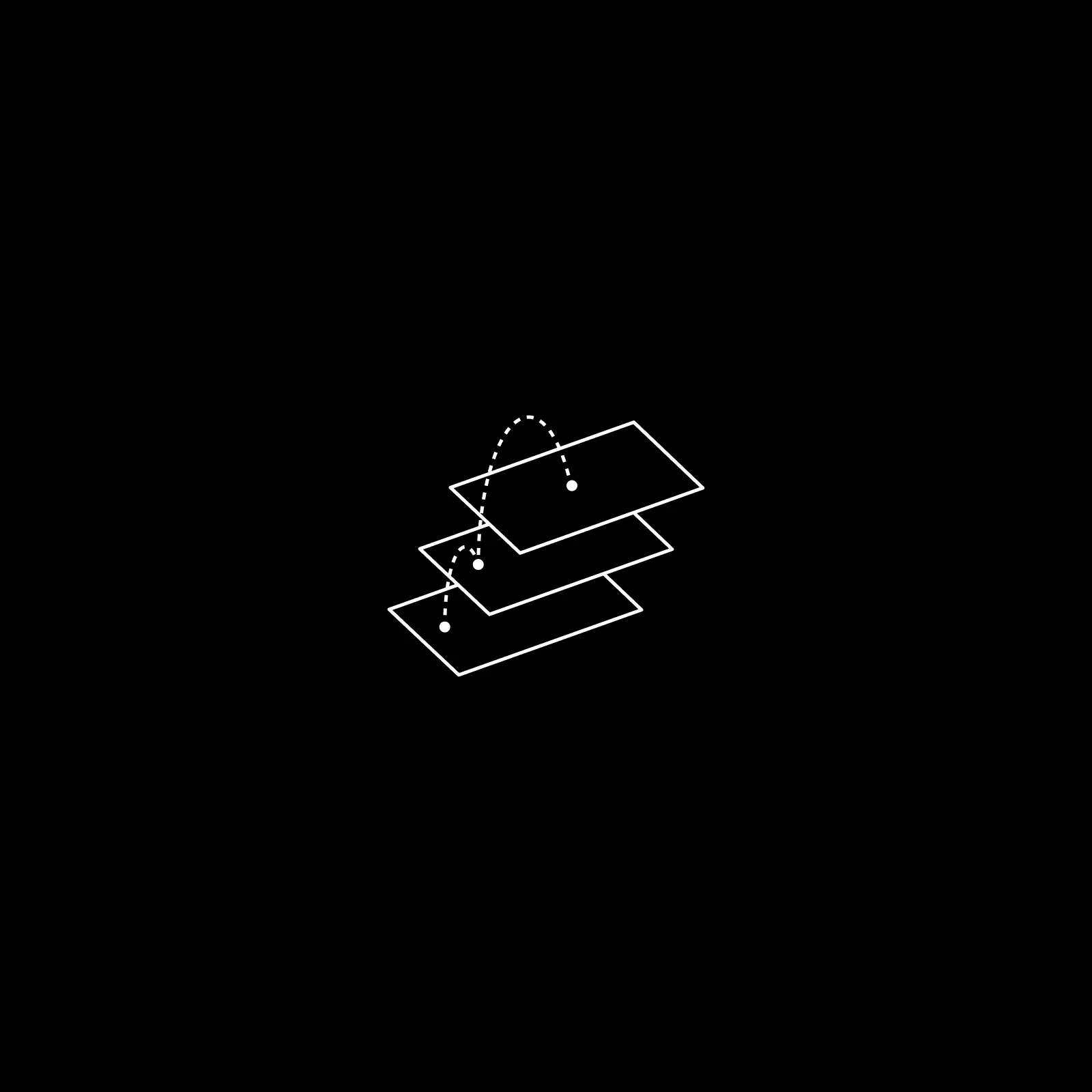 Line icon of stacked isometric planes linked by a dotted arc, representing strategy and planning