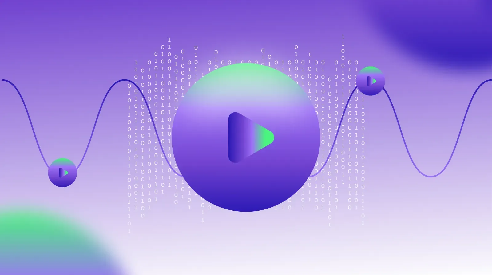 Play button sphere over a binary wave, representing audio content across streaming platforms