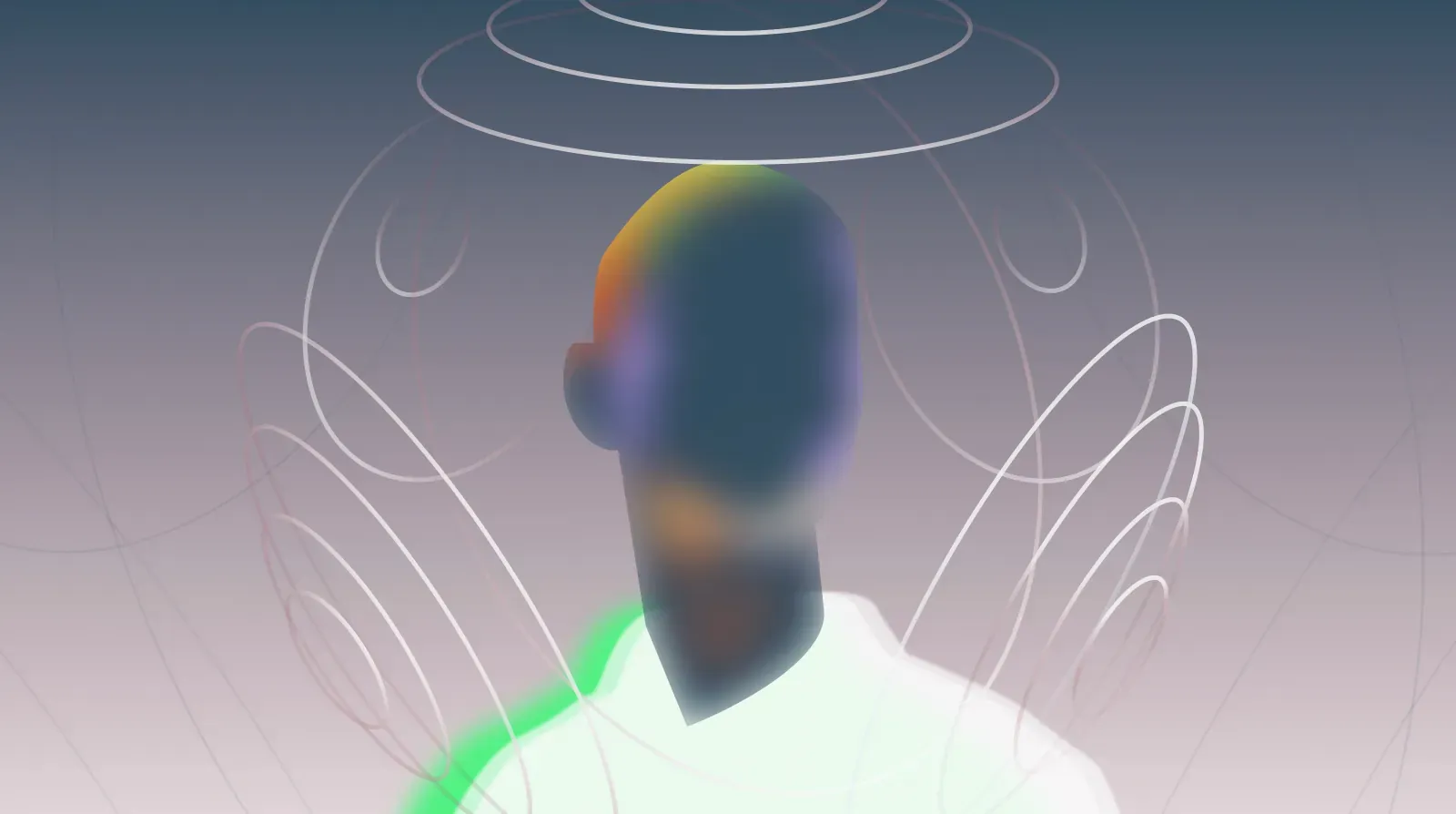Translucent head in profile with sound rings, representing spatial and immersive audio