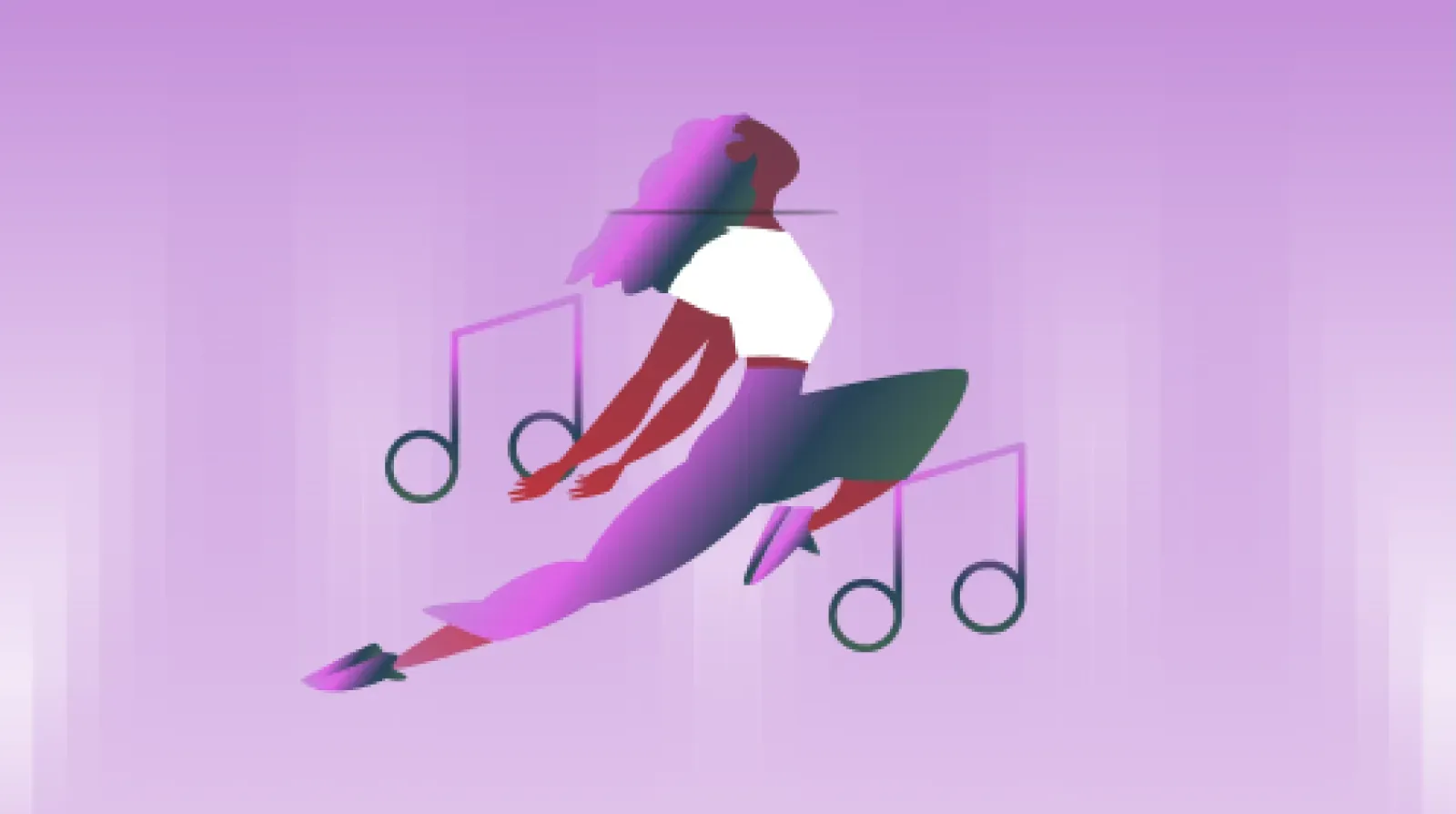 Dancer leaping among music notes on lilac, representing brand music that moves people