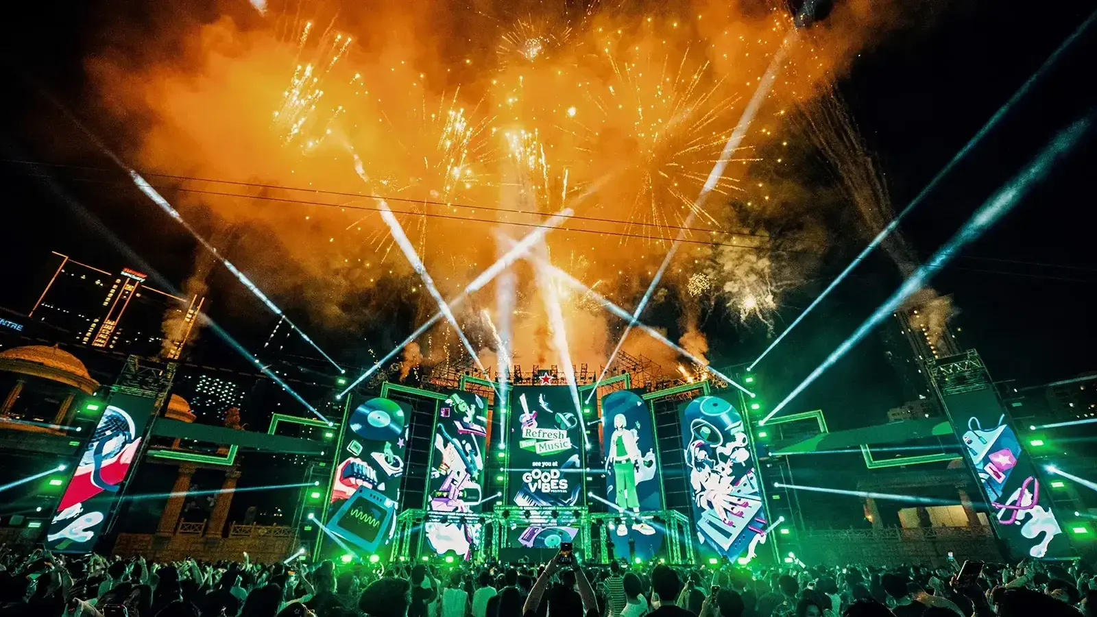 Crowd at a Heineken music experience activation event lit with dramatic stage lighting and visuals