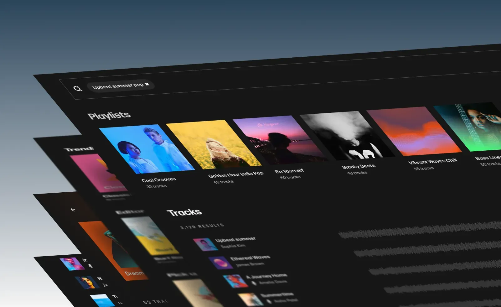 Stacked music app screens with curated playlists and track results, representing playlisting and curation tools