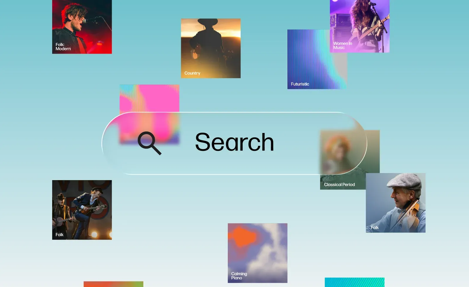 AI-powered music search bar surrounded by playlist tiles, representing search and recommendations for platforms