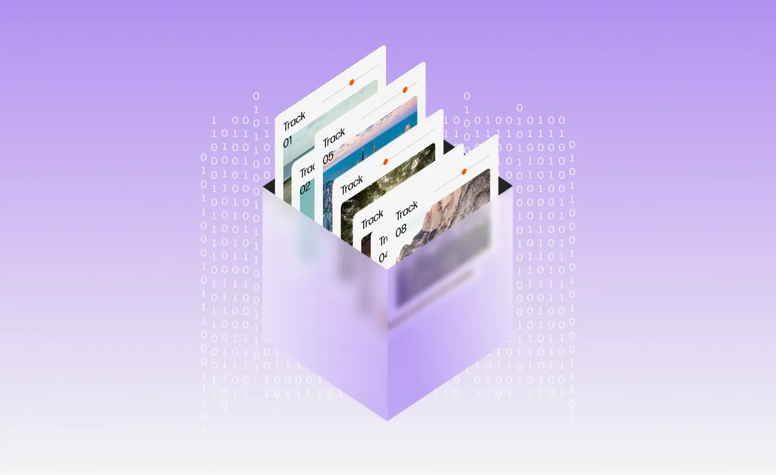 Music delivery API visual: licensed tracks filed into a cube over streams of binary code, delivered at any scale