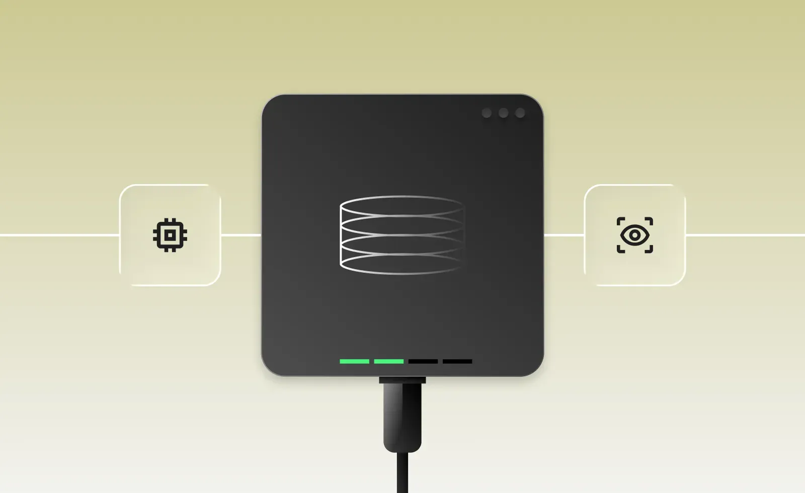 Data server plugged in with connectors on each side, representing music data delivered straight into AI pipelines