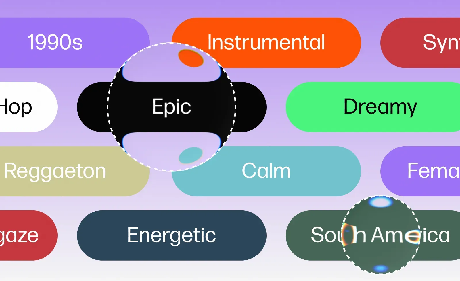 Music metadata tags such as Epic, Dreamy and Instrumental in coloured pills, representing enhanced metadata and tags