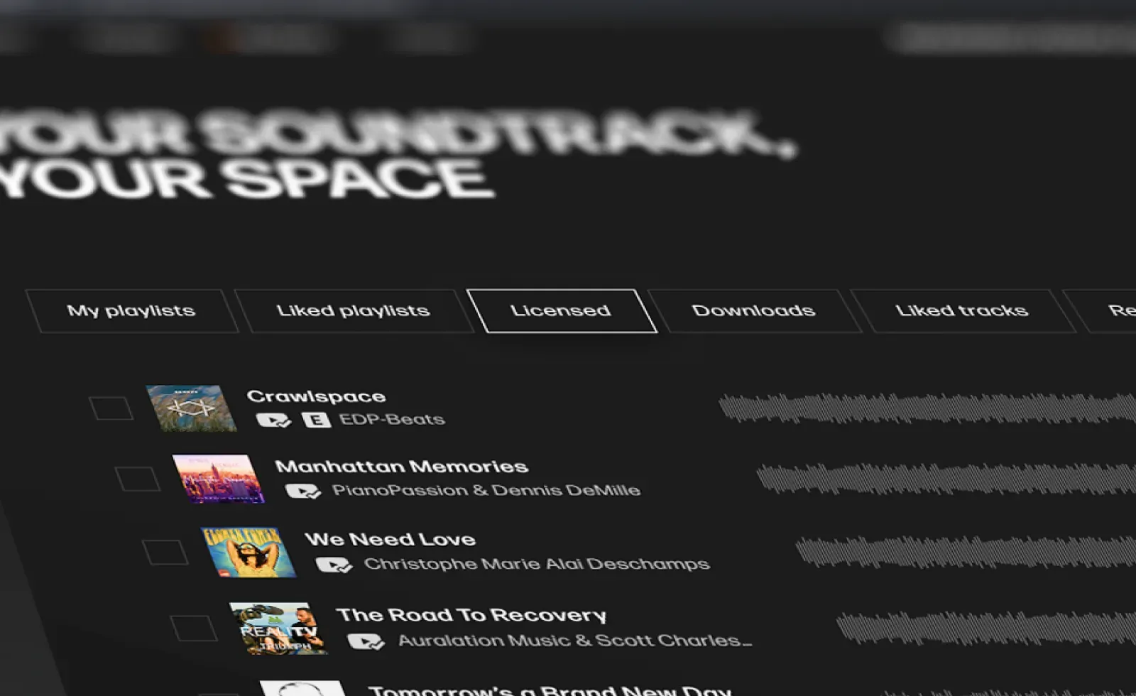 Licensed tracks library dashboard in a music app, showing cleared catalogue ready to stream on a digital platform