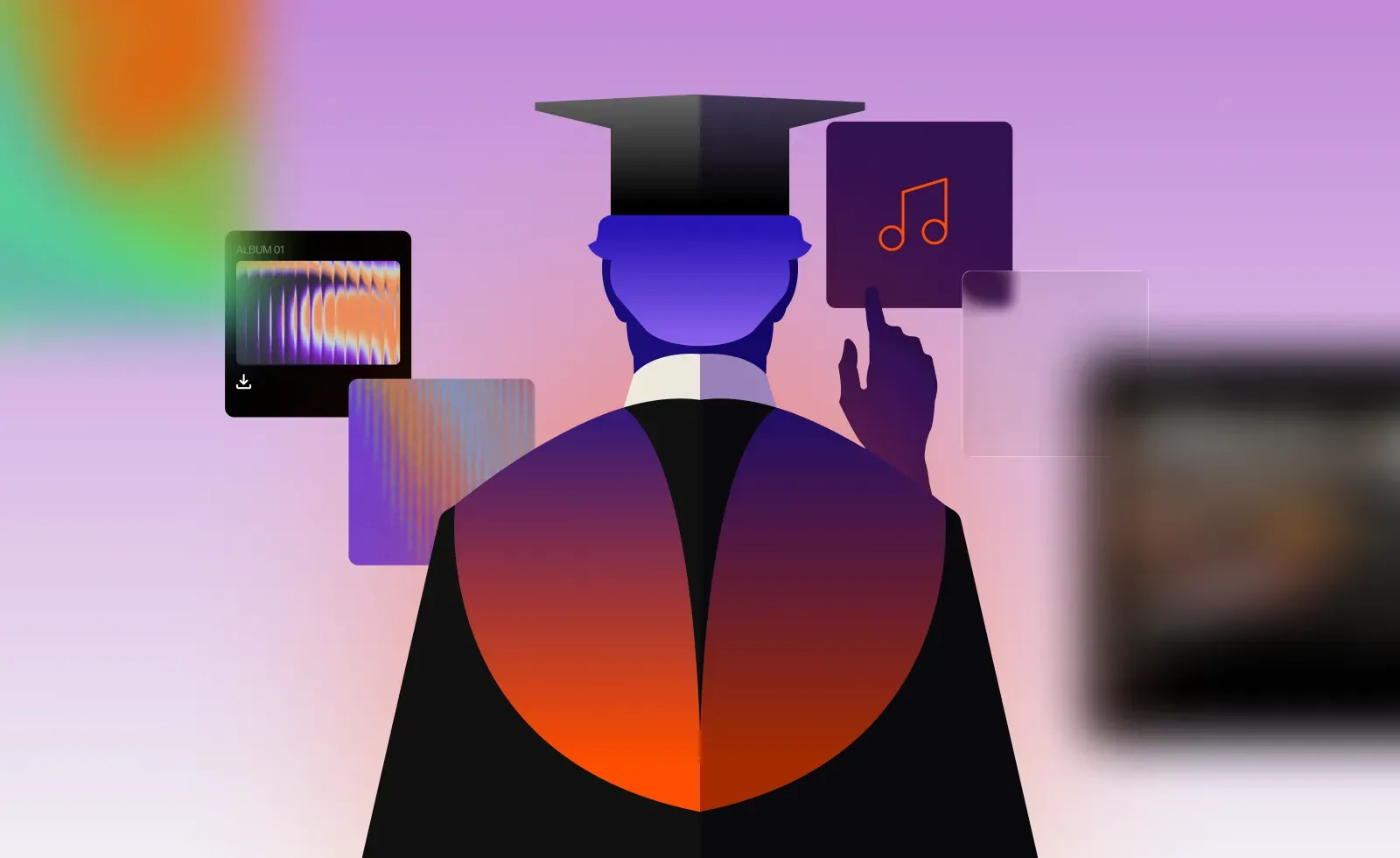 Graduate in cap and gown selecting album tiles, representing expert-curated music selection for AI training data