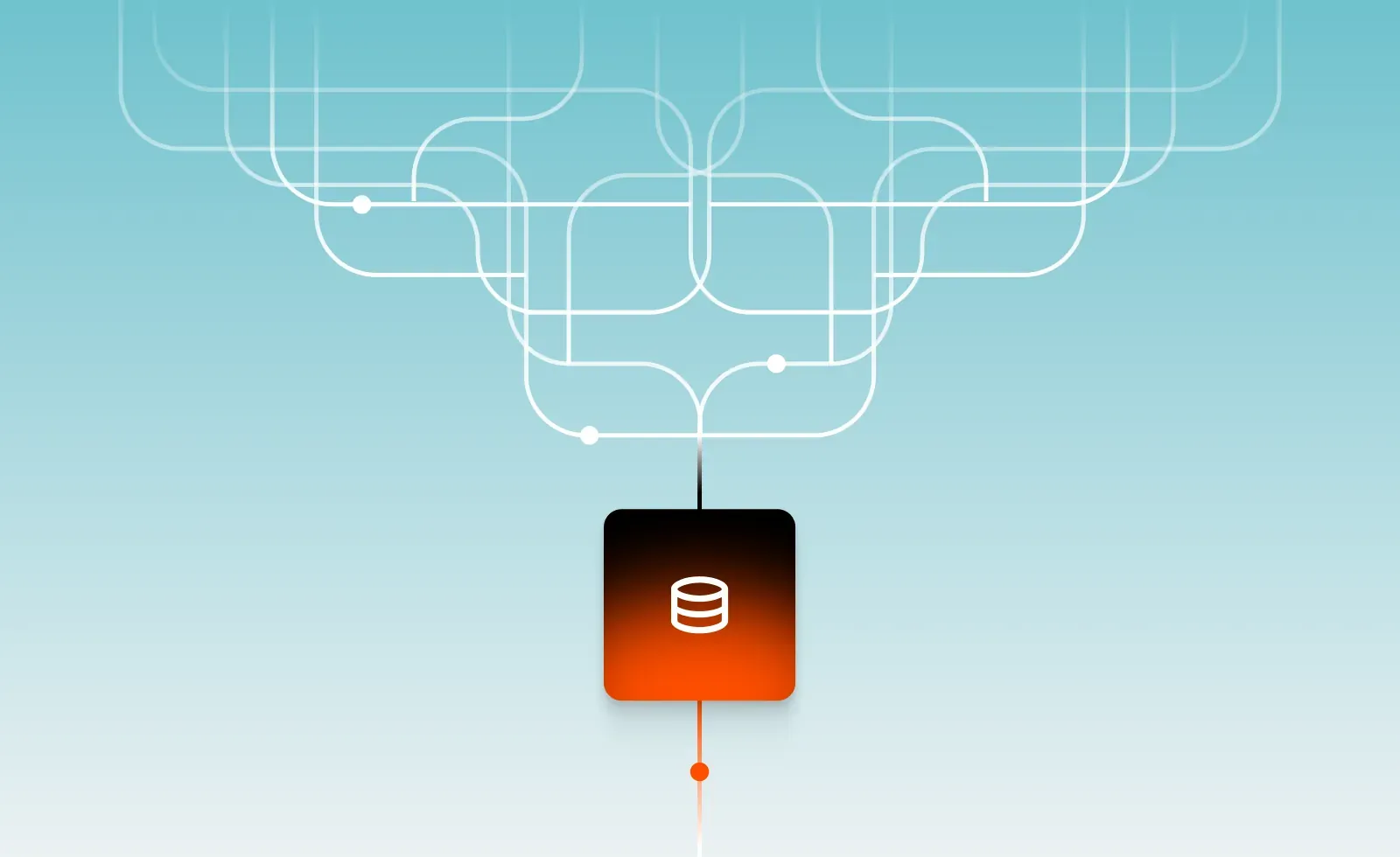 Branching lines filtering down into a single data node, representing structured, filtered music data for AI models