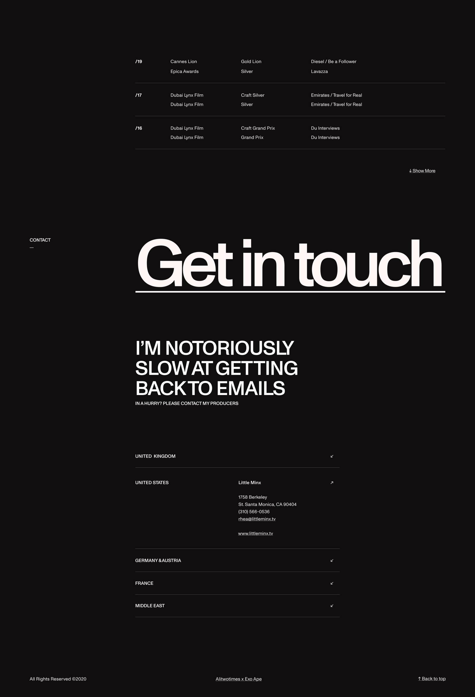 ali ali film director portfolio website design dark large swiss typography