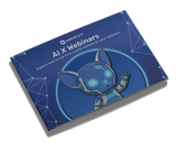 A digital booklet cover titled "AI X Webinars" with a futuristic cat-like robot waving on a blue background with geometric patterns.