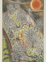 gelbe menschenähnliche Gestalten sitzen in einem Garten mit blühenden Bäumen, rechts oben leuchtet der abnehmende Mond