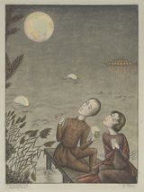 Zwei Personen sitzen am Wasser und betrachten eine fliegende Seifenblase, zwei versinken gerade im Wasser, von rechts nähert sich ein beleuchtetes Boot