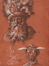 Aufwendige Illustration zweier Figuren: ein bärtiger Mann mit einem großen Turban und ein jüngerer Mann mit einem Hut mit Federn vor einem rötlichen Hintergrund.