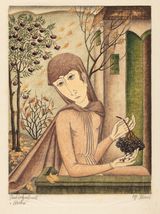 Farbdruck einer braun gekleideten Person mit Holunderbeeren in der Hand vor einem Haus und einem Holunderbeerenstrauch stehend