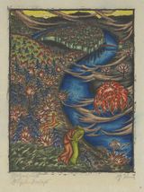 Ein tiefblauer Fluss schlängelt sich durch die Druckgrafik entlang an einer Stadt und mehreren Gewächsen. Mittig im unteren Rand befinden sich zwei umarmende menschenähnliche Gestalten