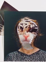 Ein Porträt einer Person, über deren Gesicht ein zerrissenes Foto eines Katzengesichts genäht wurde, wodurch eine surreale Mischung aus menschlichen und katzenartigen Zügen entsteht.