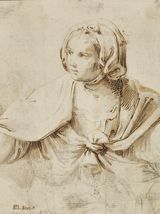 Eine detaillierte Skizze eines jungen Menschen mit einem drapierten Kleidungsstück, der zur Seite schaut. Die Zeichnung zeichnet sich durch weiche Linien und Schattierungen aus.