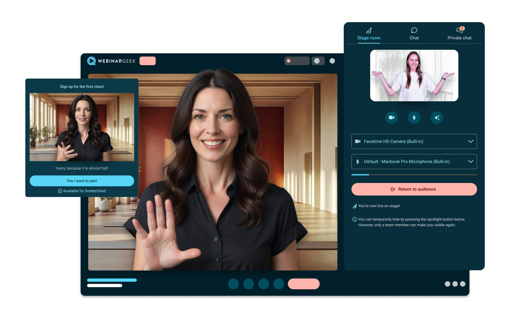 3 different screens, with a presenter, a viewer and a call to action