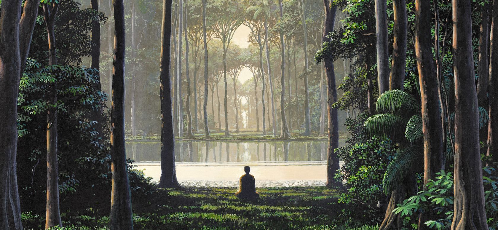 symmetrical composition showing a seated, meditating figure dwarfed by a verdant rainforest