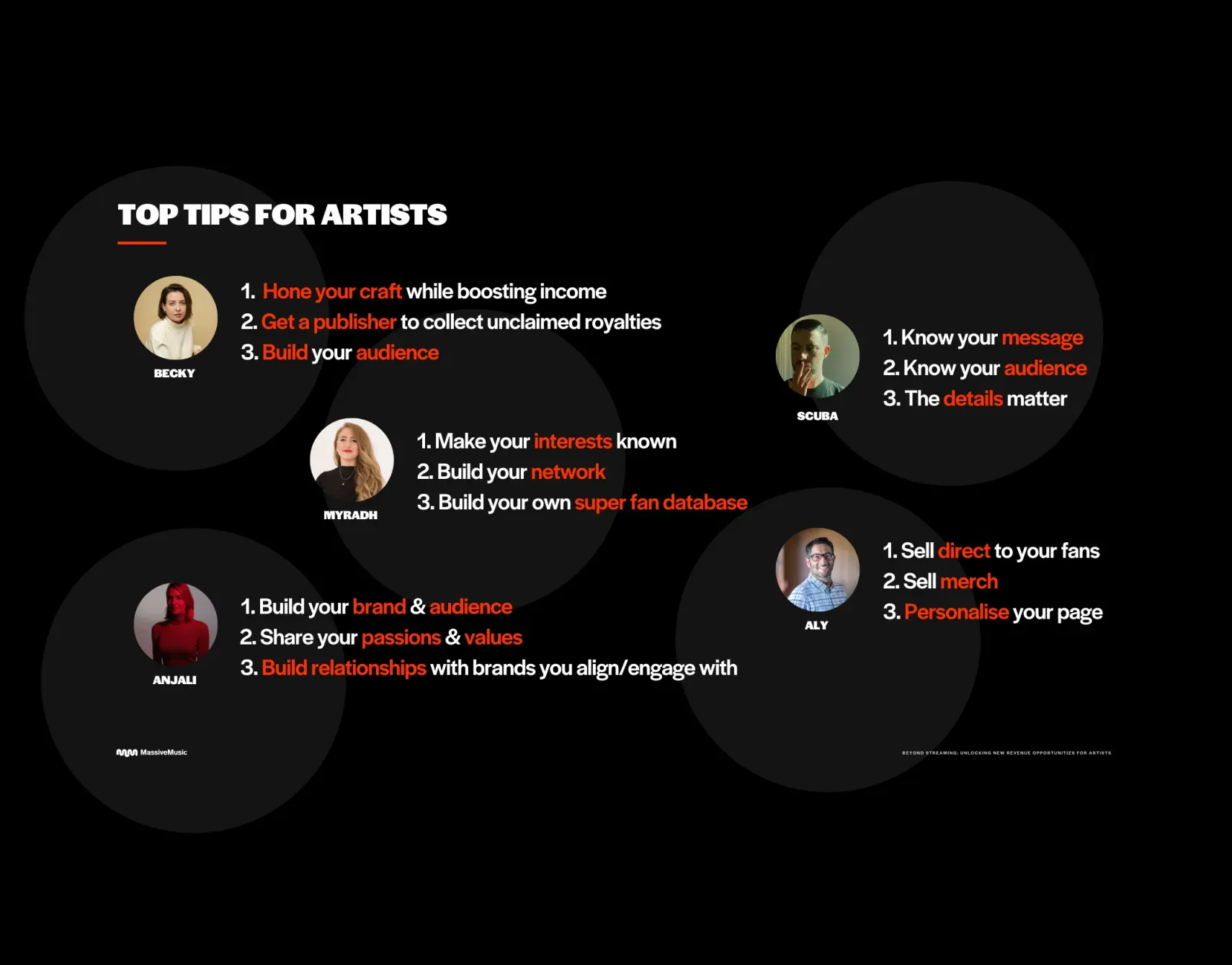 Panel slide of top tips for artists on unlocking revenue beyond streaming