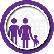 Purple illustration of parents and child holding hands.
