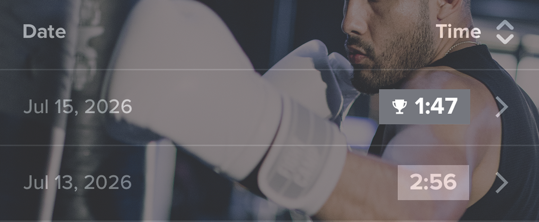 A boxer wearing gloves, visible in the background, with a digital interface in the foreground displaying dates and times in July 2026.