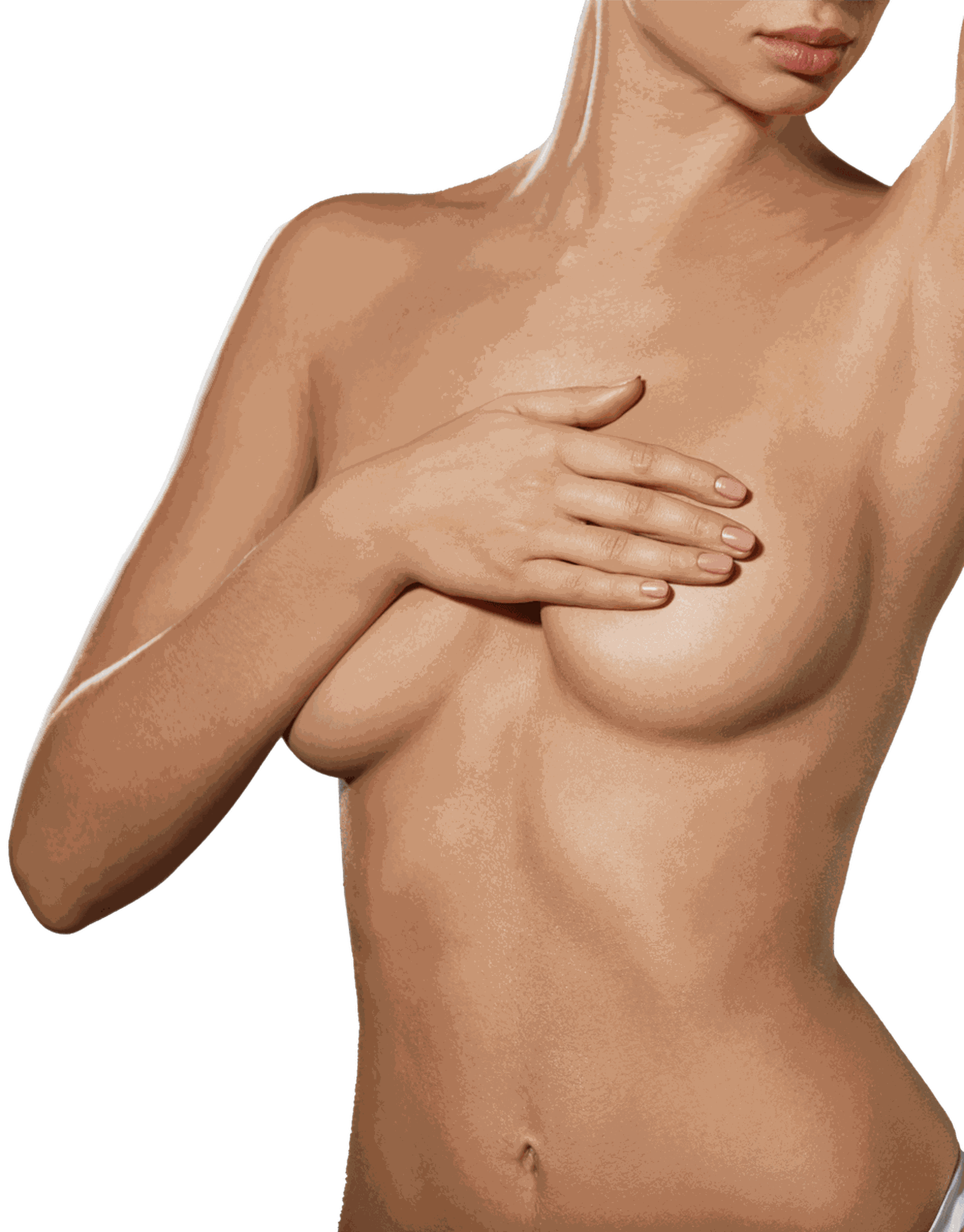 Frau mit nacktem Oberkörper, die ihre Brust mit der Hand verdeckt