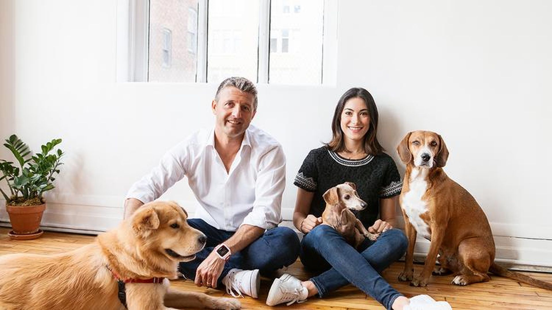 Two of Ollie's founders surrounded by dogs