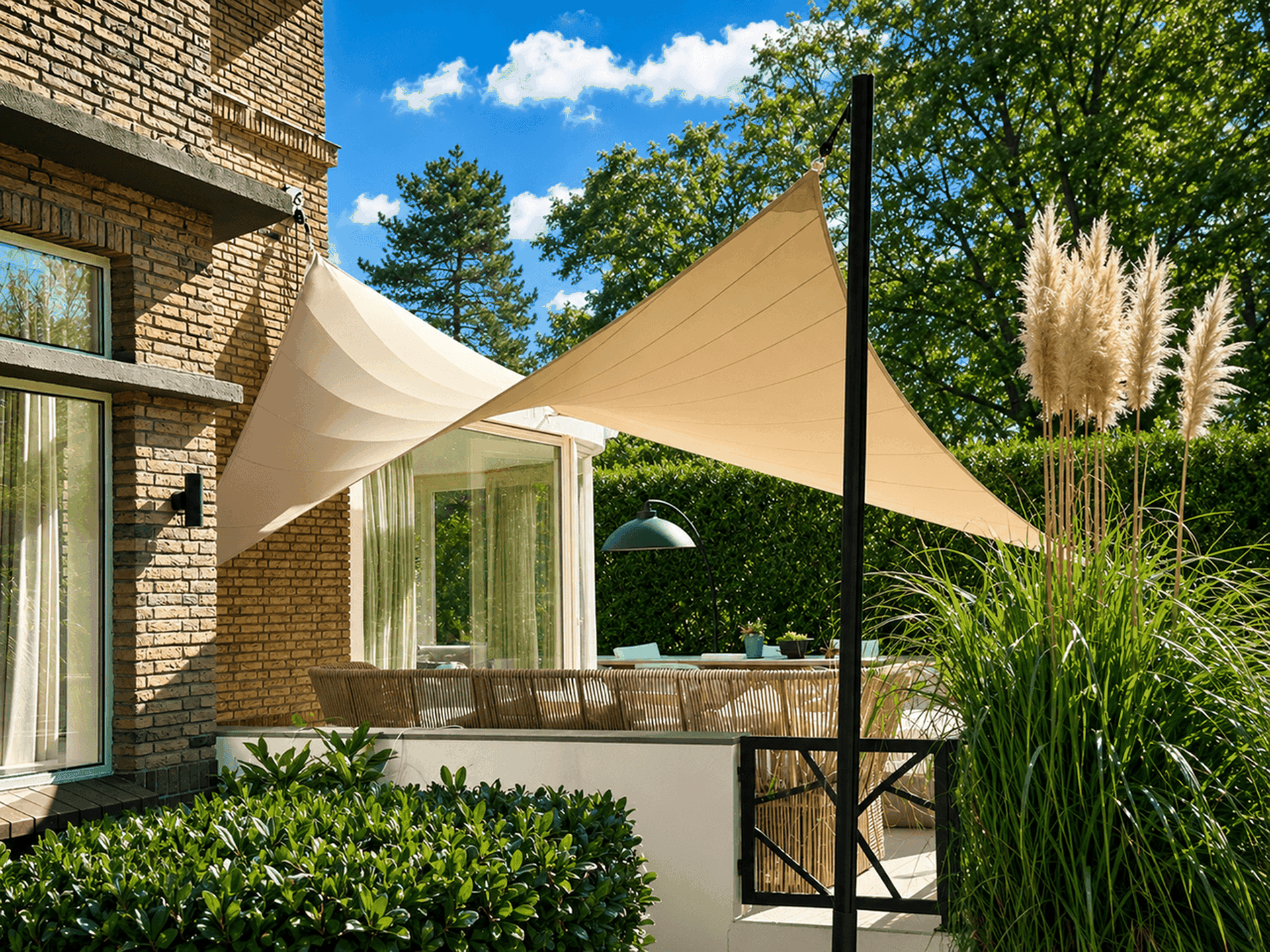 Luxe terras met maatwerk textiele overkapping van Mobuline aan een moderne woning.