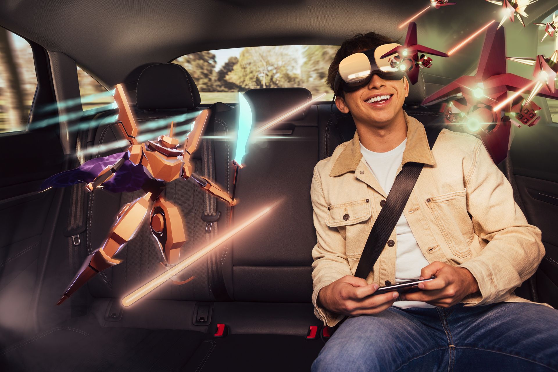 Boy playing Cloudbreaker in the back of the car with VIVE Flow headset