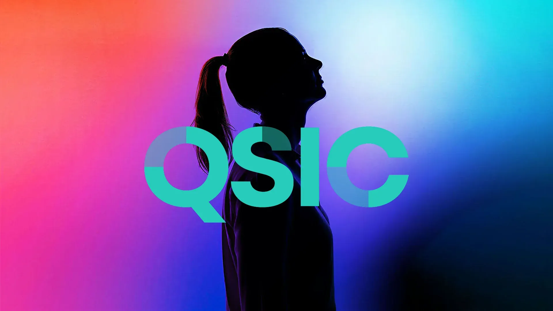 Wide QSIC logo over a colourful gradient with a woman silhouette listening, banner of the QSIC case study