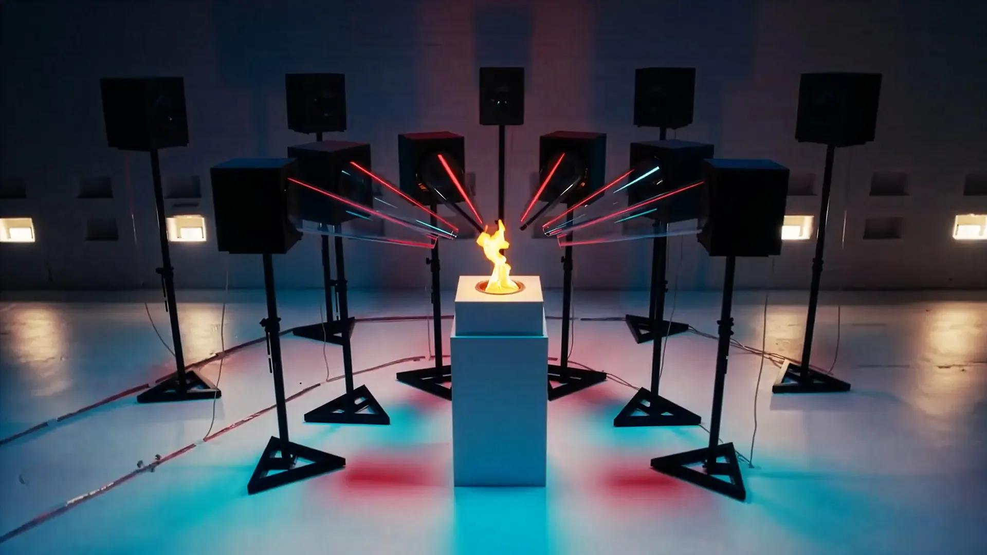 Flames on pedestals surrounded by studio monitor speakers in a dark room, from the Sound of CRA
