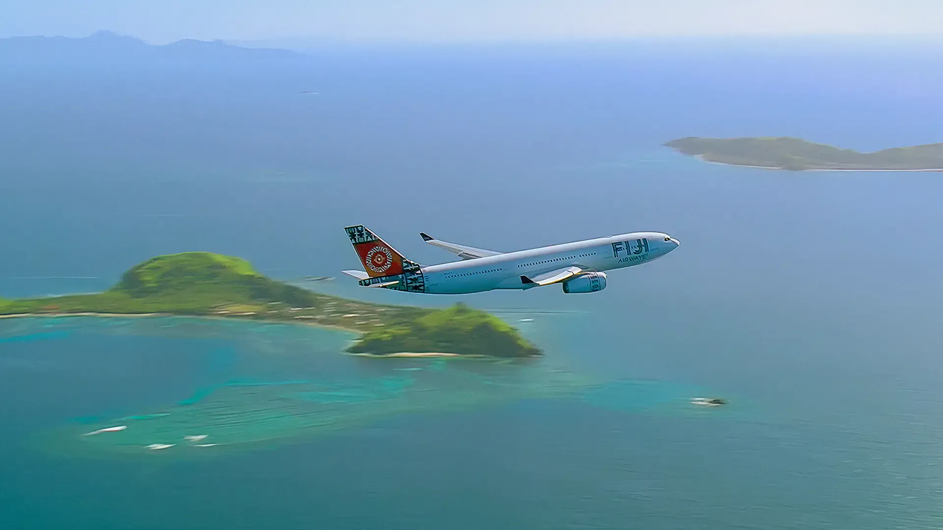 Fiji Airways plane flying over a tropical island and blue ocean, hero image for the Sound of Fiji Airways