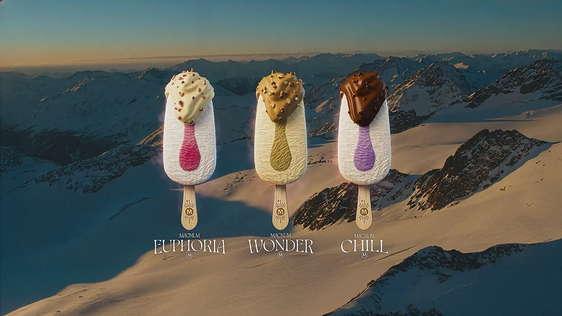 Magnum ice cream bars on snowy mountain peaks, hero image for the Sound of Magnum campaign